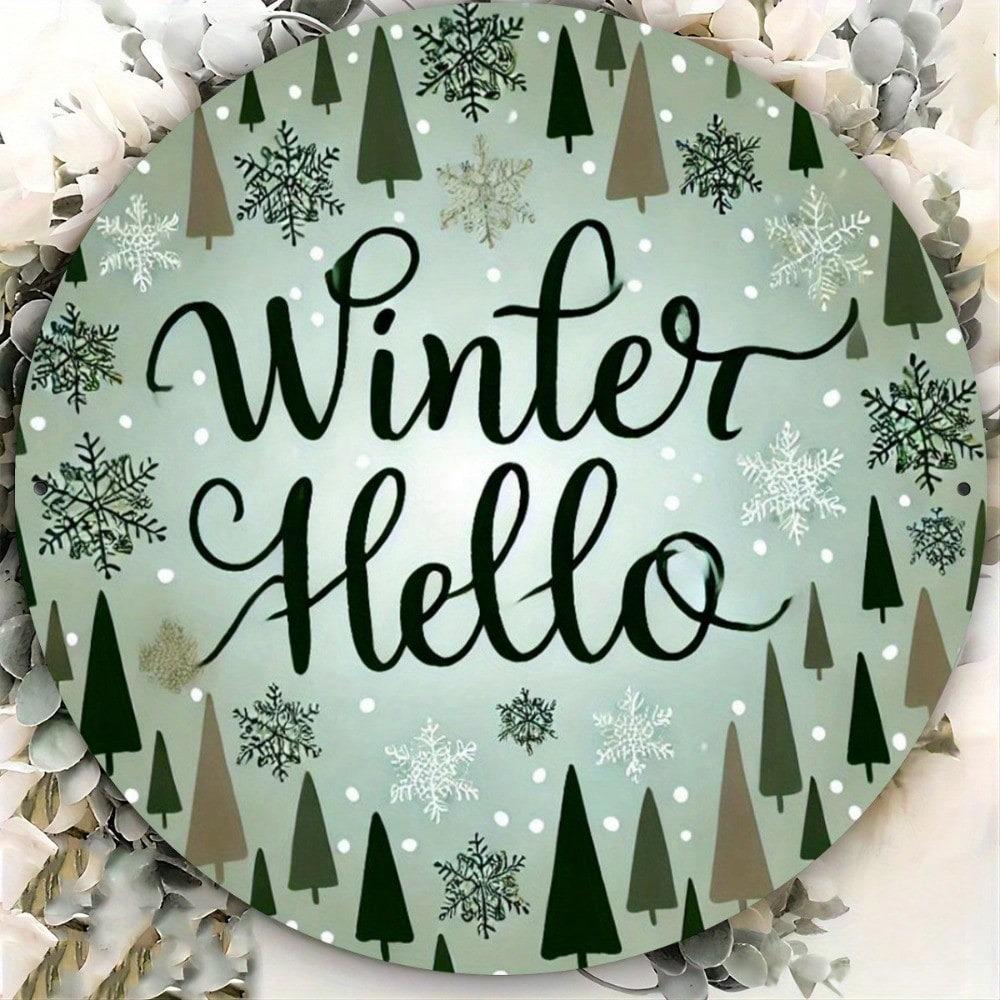 Winter Round Iron Wall Art Hello Sign 7.8 Inch Metal Plaque Decorative For Front Door Porch Living Room Bedroom Home Decor Gift