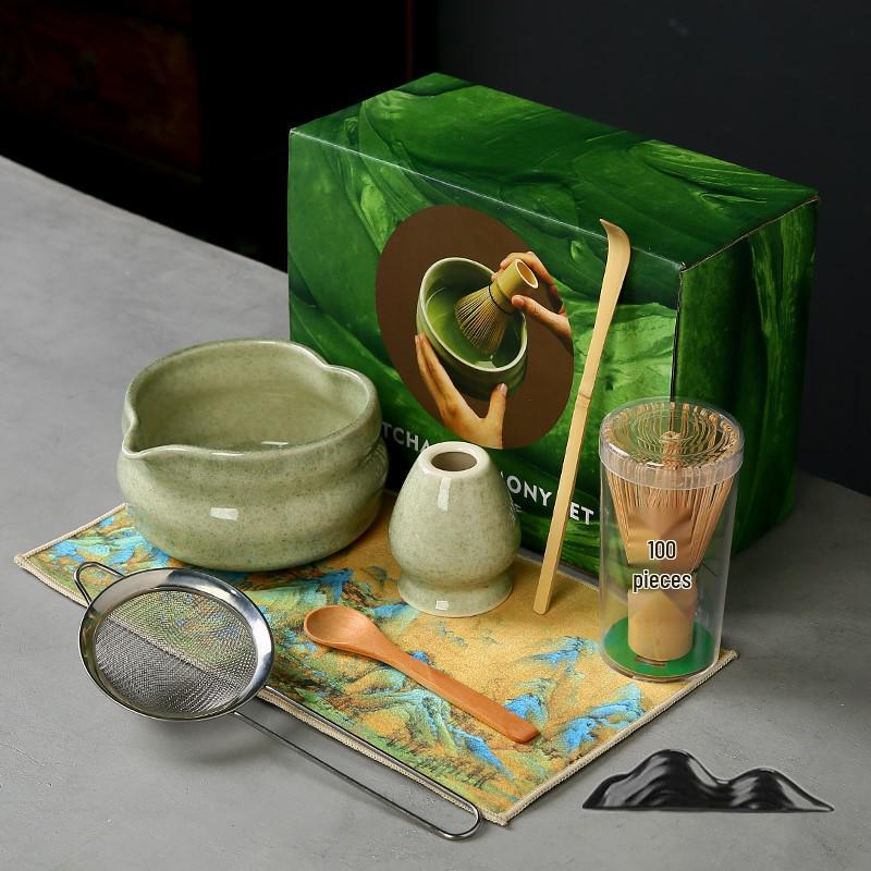 Japanese Heart-shaped Matcha Bowl Set with Whisk and Brush for Tea Ceremony