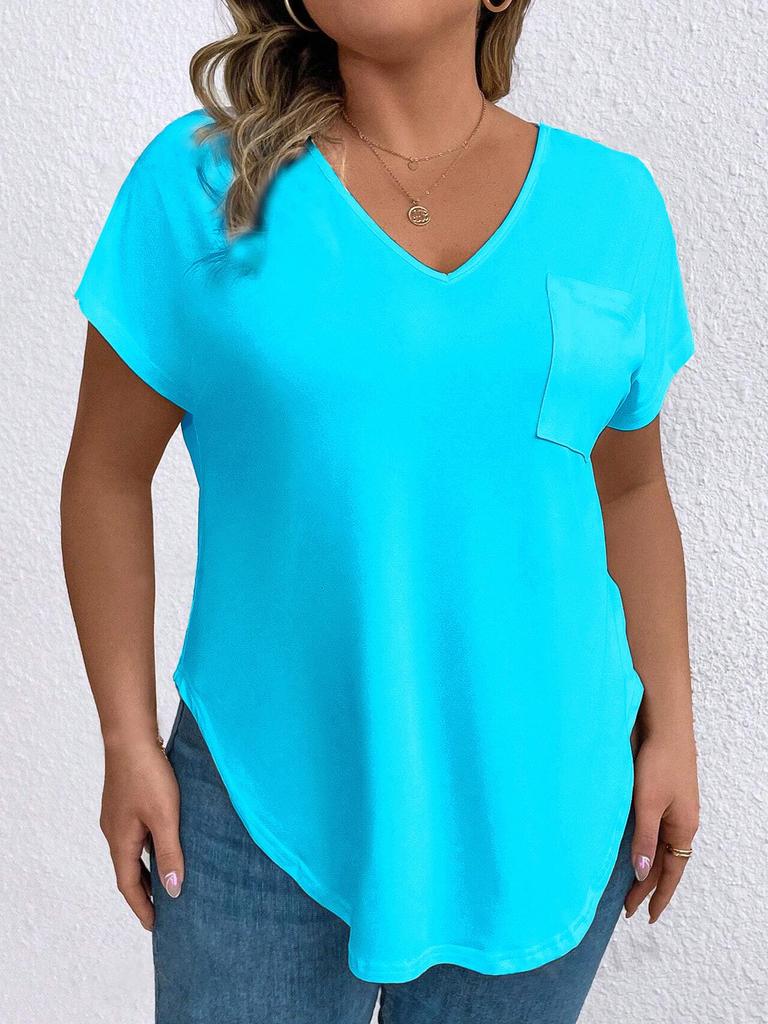 Plus Size Women's V-Neck Short Sleeve Loose Pullover T-Shirt - Solid Color for Spring/Autumn 2026