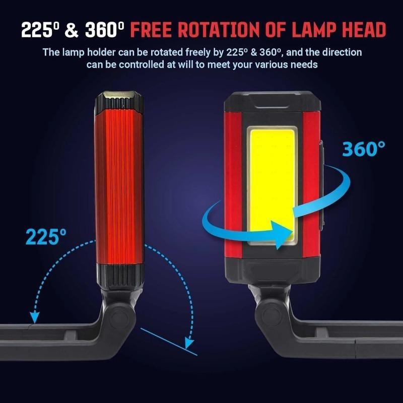 LED-Arbeitsleuchte mit USB-C-Ladefunktion, roter Magnet, wasserdicht, mit Haken, wiederaufladbar, faltbar, COB-Rotationsleuchte, hellste Leuchte