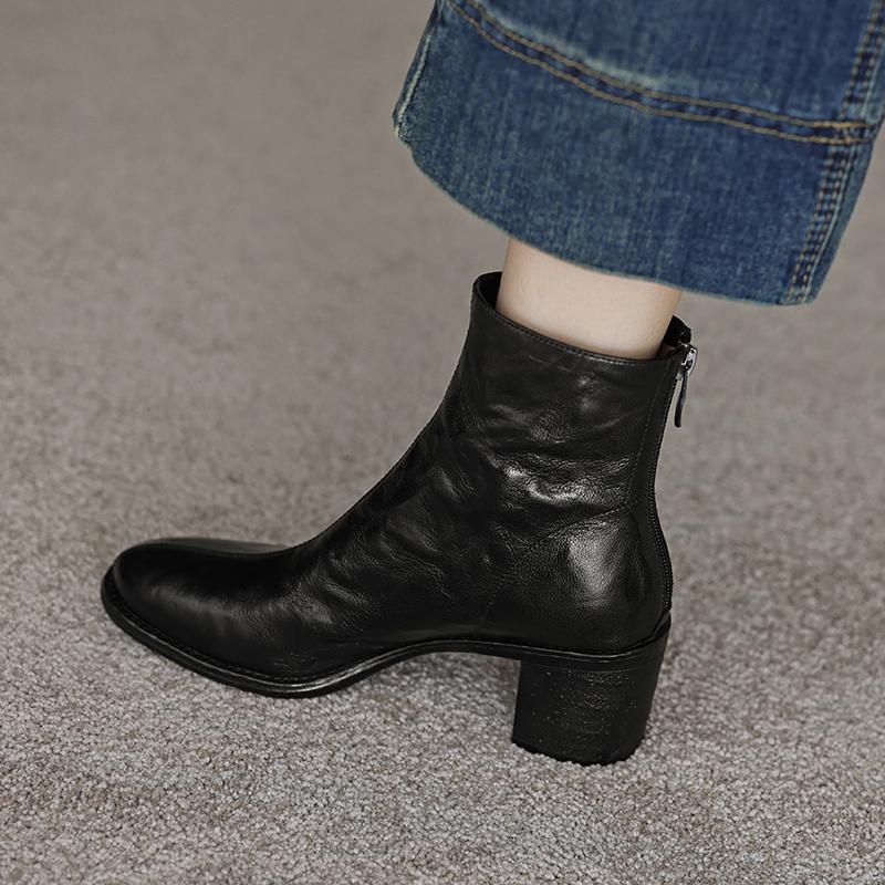 Krazing Pot Îmbrăcăminte de bază Piele de oaie Toamnă Iarnă Pantofi Tocuri groase Cizme Chelsea Vârf rotund Păstrează cald Botine cu fermoar