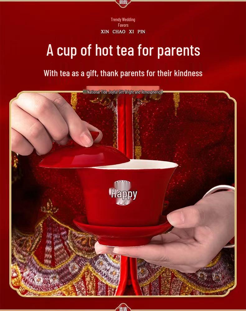 Red Festive Gaiwan and Chopsticks Wedding Tea Set - Pair of Bowls for Sons and Grandsons