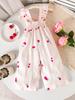 Girls Fashion Retro Casual Romper, Cute Cherry Print, Playful Short Sleeves, Daily Outdoor School Wear
