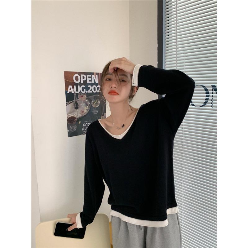 

Поддельный двойной трикотажный свитер с V-образным вырезом, осенне-зимний новый свободный и ленивый внутренний свитер, нежный пуловер для женщин One Size чёрный