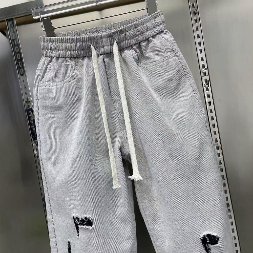 Autumn New Men's Versatile Loose American Straight Ripped Solid Color Casual Pants