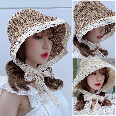 Summer Handmade Lace Fashion Bowler Hat Women's Summer Big Brim Sunscreen Beach Hat Straw Hat Women's Summer