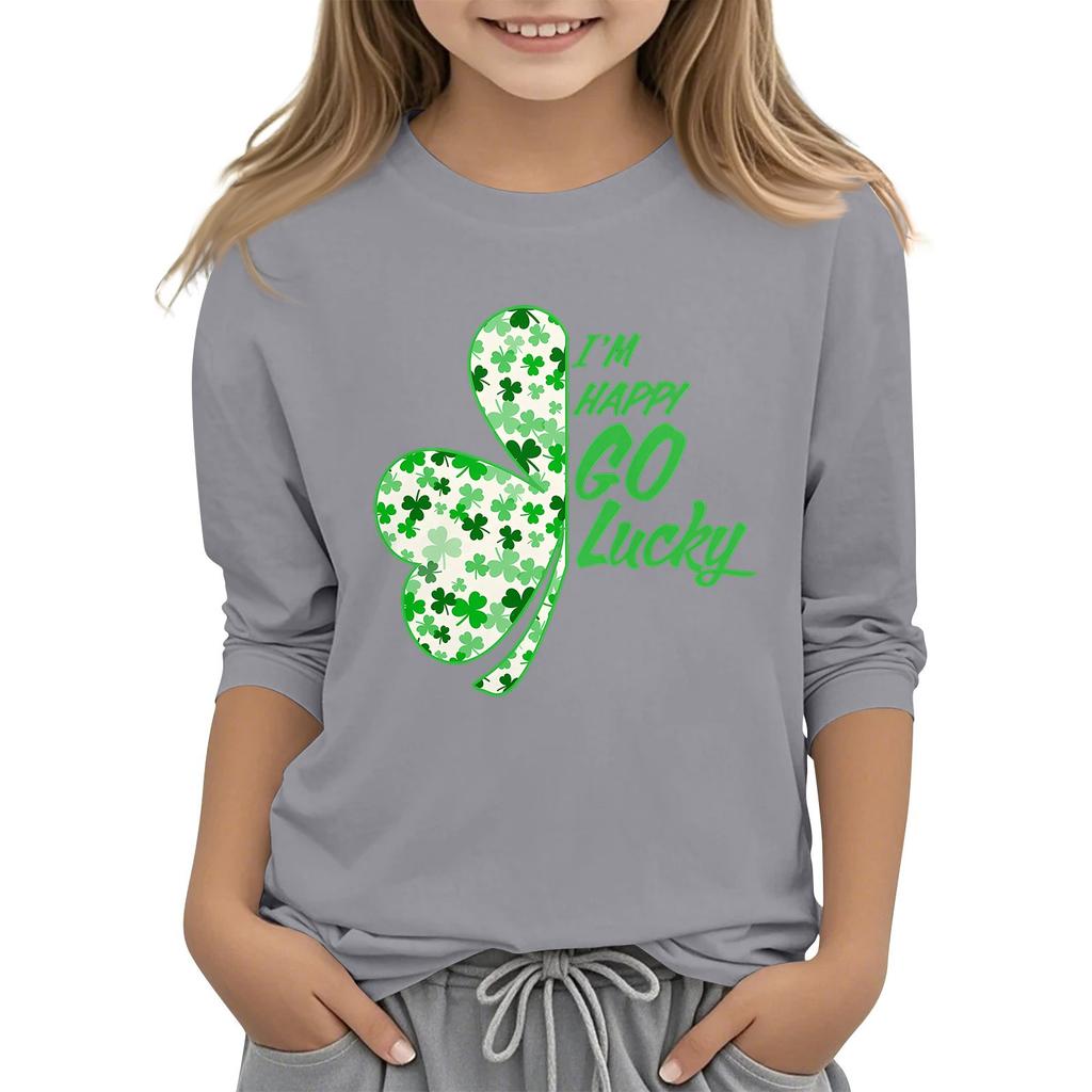 Dziecięcy T-shirt Casual z Nadrukiem na Kołnierzyku na Dzień Świętego Patryka z Rękawem 7/8