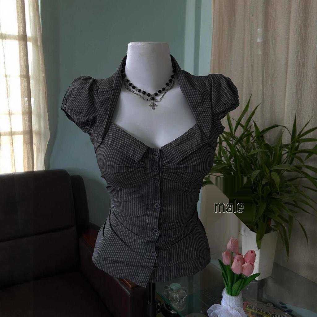 Gothic Style Waist-Cinched Striped Square Neck Top - Women’s Summer 2026 Collection