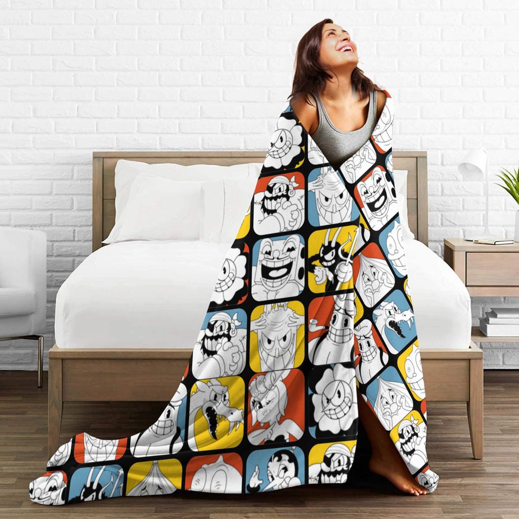 Die Cuphead Collage Plüschdecken Spiel Anime Lustige Überwurfdecken für Zuhause Hotel Sofa 200x150cm Steppdecke,