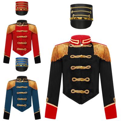 Stand Collar Fringe Epaulet Jacket for Kids Circus Ringmaster Costume Set with Majorette Hat