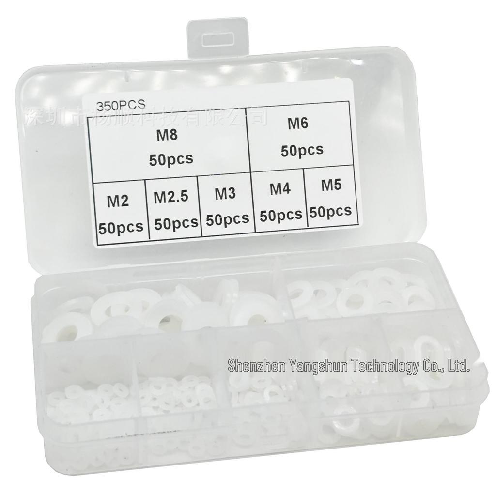 White Nylon Flat Washer Set, 350pcs, M2-M8, Insulating Screw Sealing Gaskets
