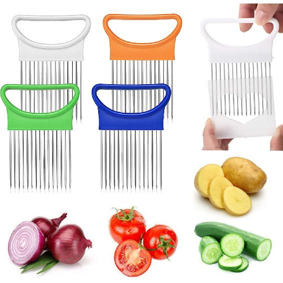 2Pcs Onion Holder Slicer, Stainless Steel Tomato Lemon Potato Vegetable Holder Slicer Cutter Tool for Kitchen Worker Slicing