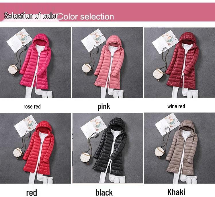 2024 Women's Lightweight Mid-Length White Duck Down Jacket, Korean Style, Slimming Design with Detachable Hood