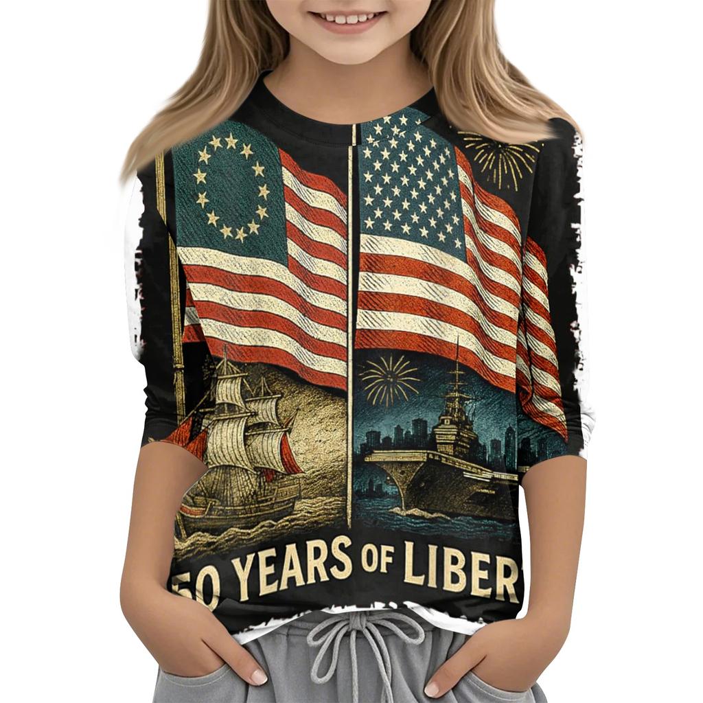Children's Independence Day Printed Round Neck Seven Quarter Sleeve Casual T-shirt