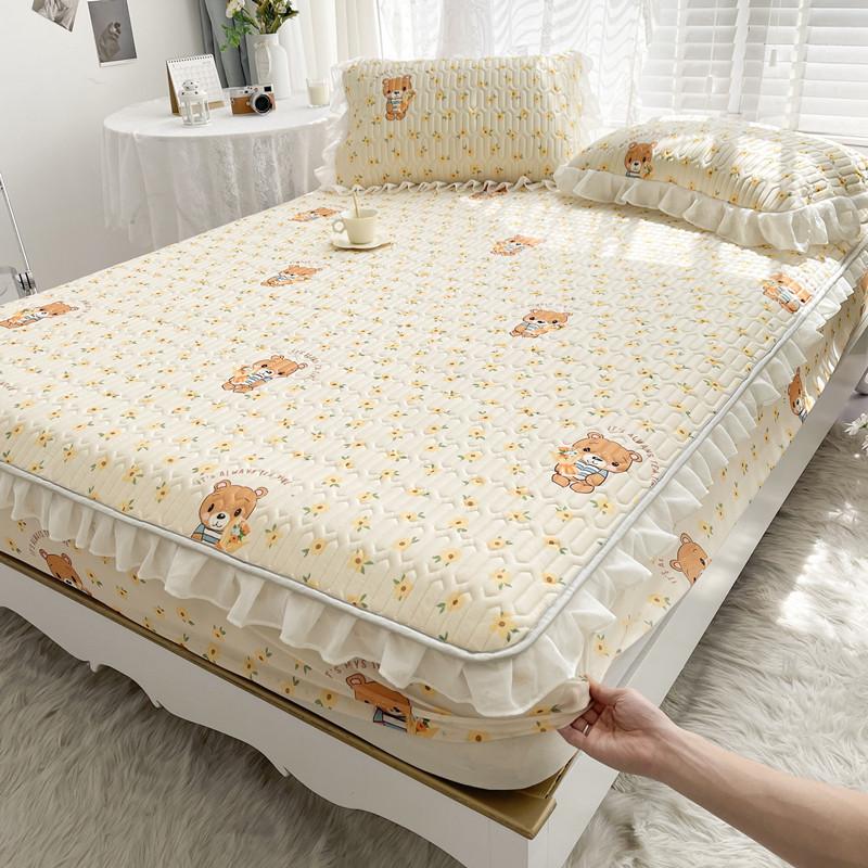 3-teiliges Sommer-Bettrock-Set für Mädchen aus Spitze, Latex, Kühler, weiche Matratzenunterlage, waschbar, Eisseide, Spannbettlaken-Set mit Kissenbezug