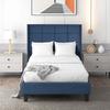 Upholstered Bed with Upholstered Headboard, Single Bed with Slatted Frame, 90x200cm, in Blue Linen, Medium-Firm (With Pocket Spring Mattress)