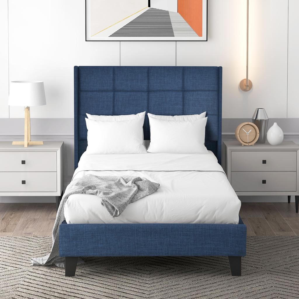 Upholstered Bed with Upholstered Headboard, Single Bed with Slatted Frame, 90x200cm, in Blue Linen, Medium-Firm (With Pocket Spring Mattress)