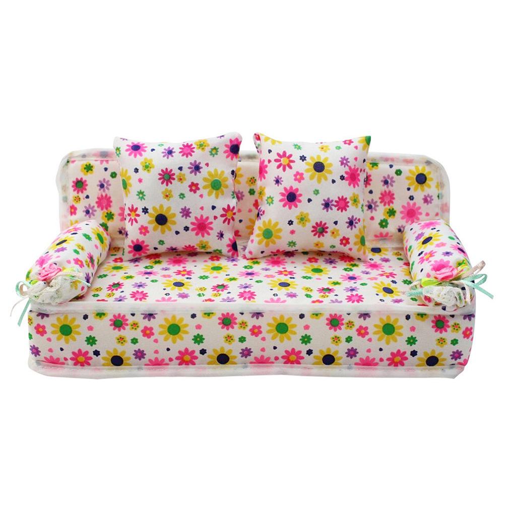 Kinder Miniatur Blumensofa Mini Stoff Blumendrucke Sofa mit Kissen Spielzeug Puppenhaus Möbel Spielzeug