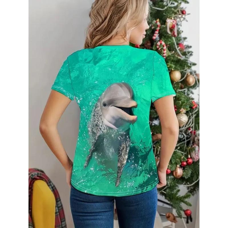 Casual Fashion Simple Abstract Painting Animal Sea Dolphin Breathable 3D Printed Round Neck Short Sleeve T-shirt Casual Sports Shirt