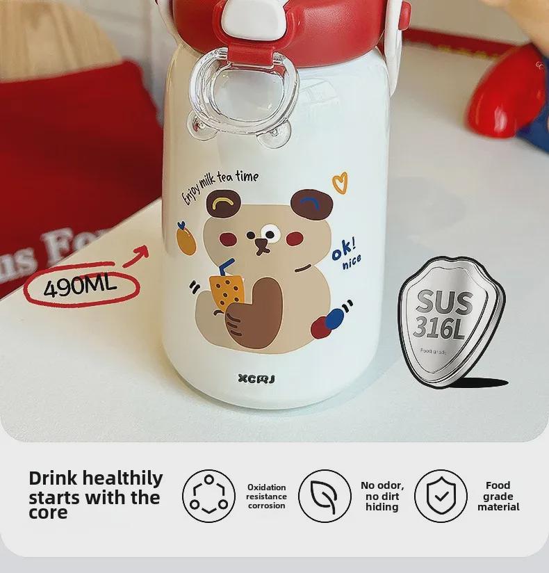 Entzückender tragbarer Thermosbecher für Kinder – Edelstahl 316, Design mit doppeltem Strohhalm