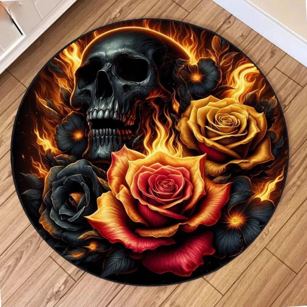 Luxury Soft Polyester Rug 3D Skull and Rose Round Non-Slip Area Rug Gothic Print for Bedroom Living Room Large Home Decoration