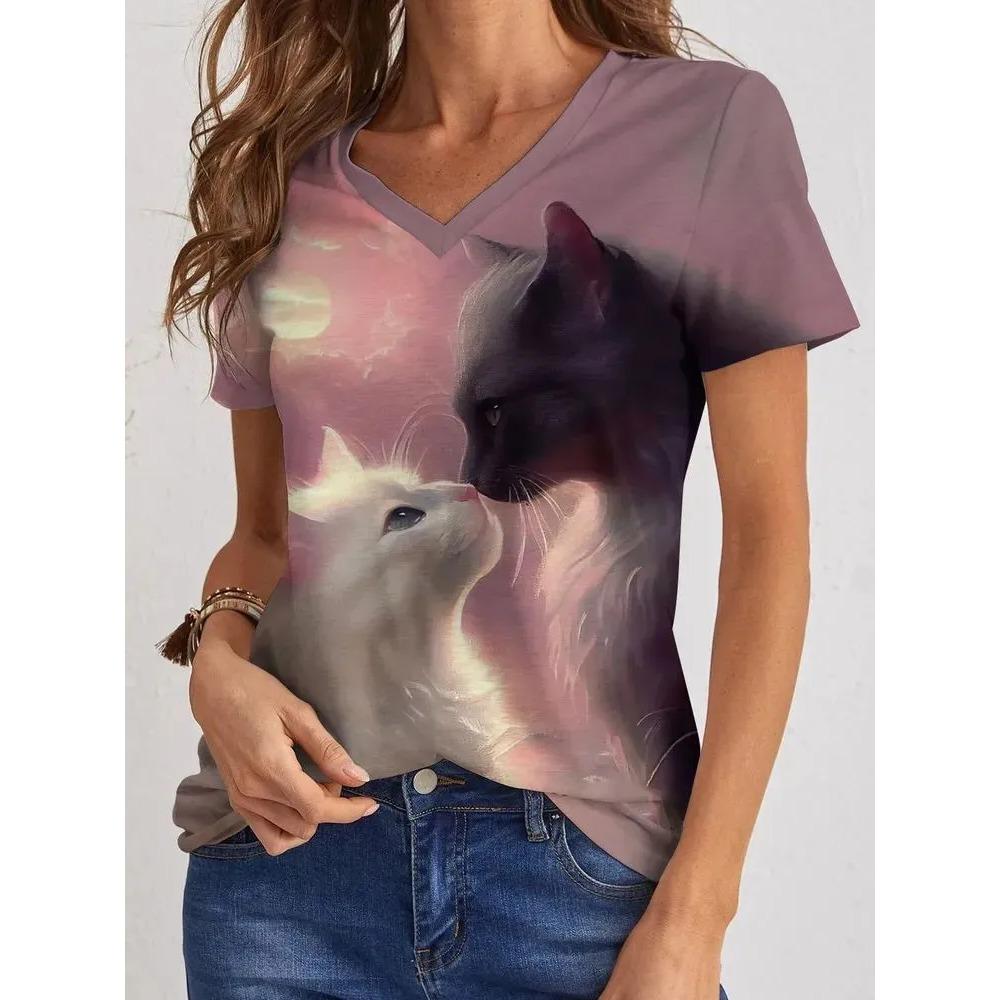 Summer V-neck Cute Cat Pattern 3D Printed Top Fashionable Casual Short Sleeved Women's T-shirts