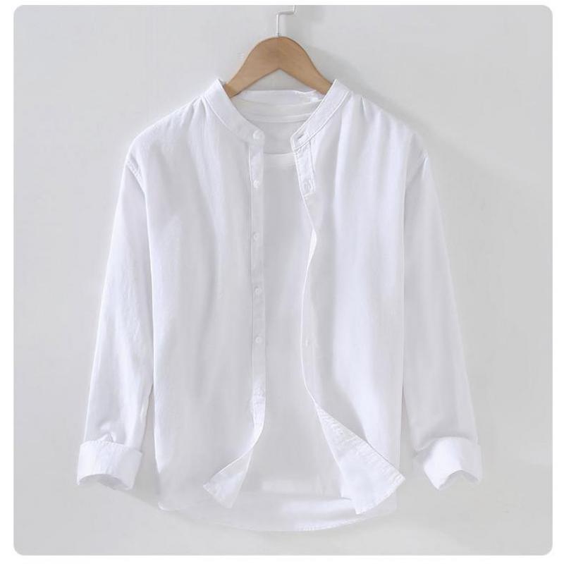Vintage Men's Long-Sleeve Linen Shirt M-5XL Spring Summer Stand Collar Plain Color Single Breasted Streetwear