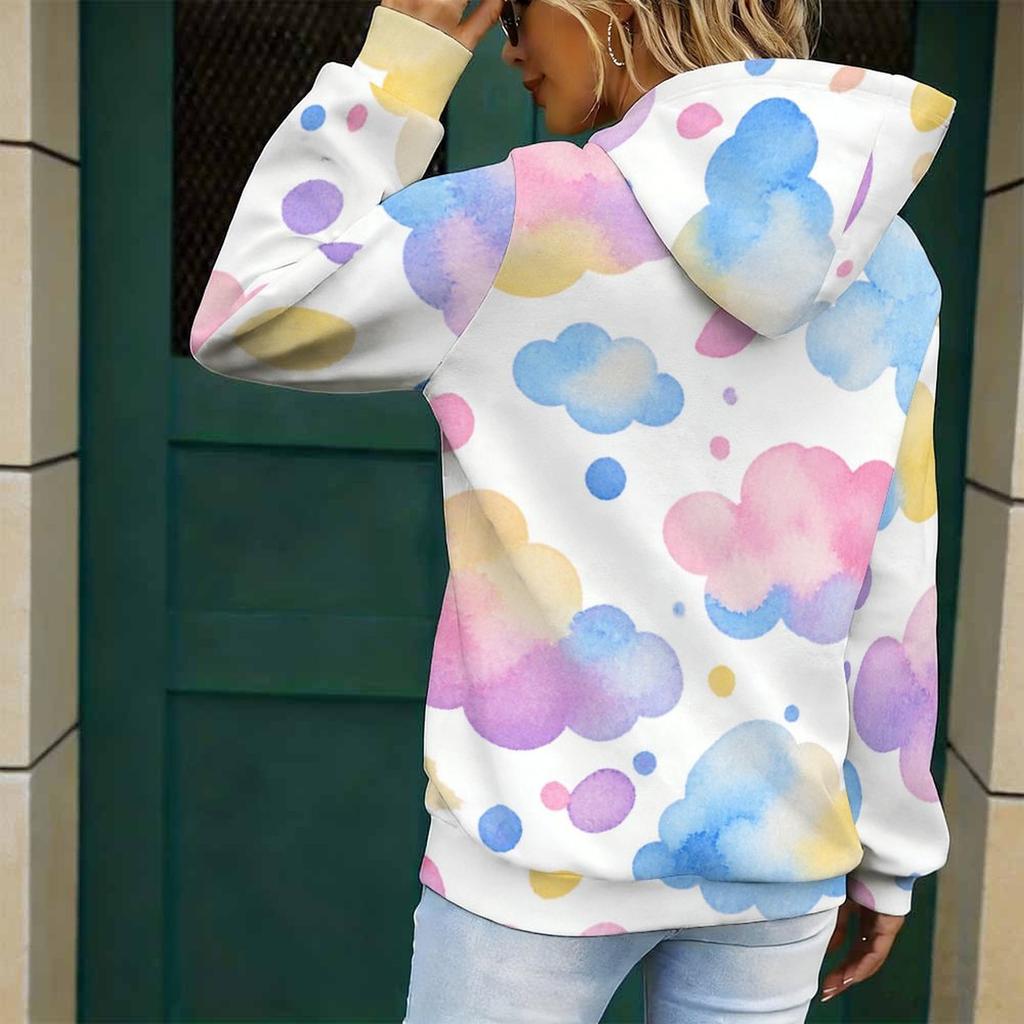 Women Plus Size Long Sleeve Drawstring Hoodie Watercolor Cloud Printed Kangaroo Pocket Pullover