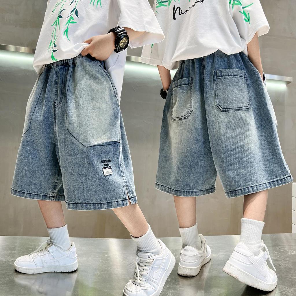 Tween Boy Casual Denim Shorts for Summer Kids Vintage Capris Denim Pants Teens Child Loose Style Knee Length Jeans 5-14Y