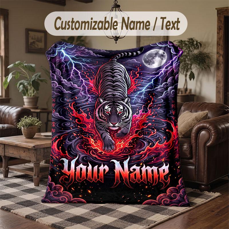Lion Tiger Leopard Theme Throw Blanket Custom Name Text Personalized Blanket Soft Cozy Blanket for Home Sofa Bed