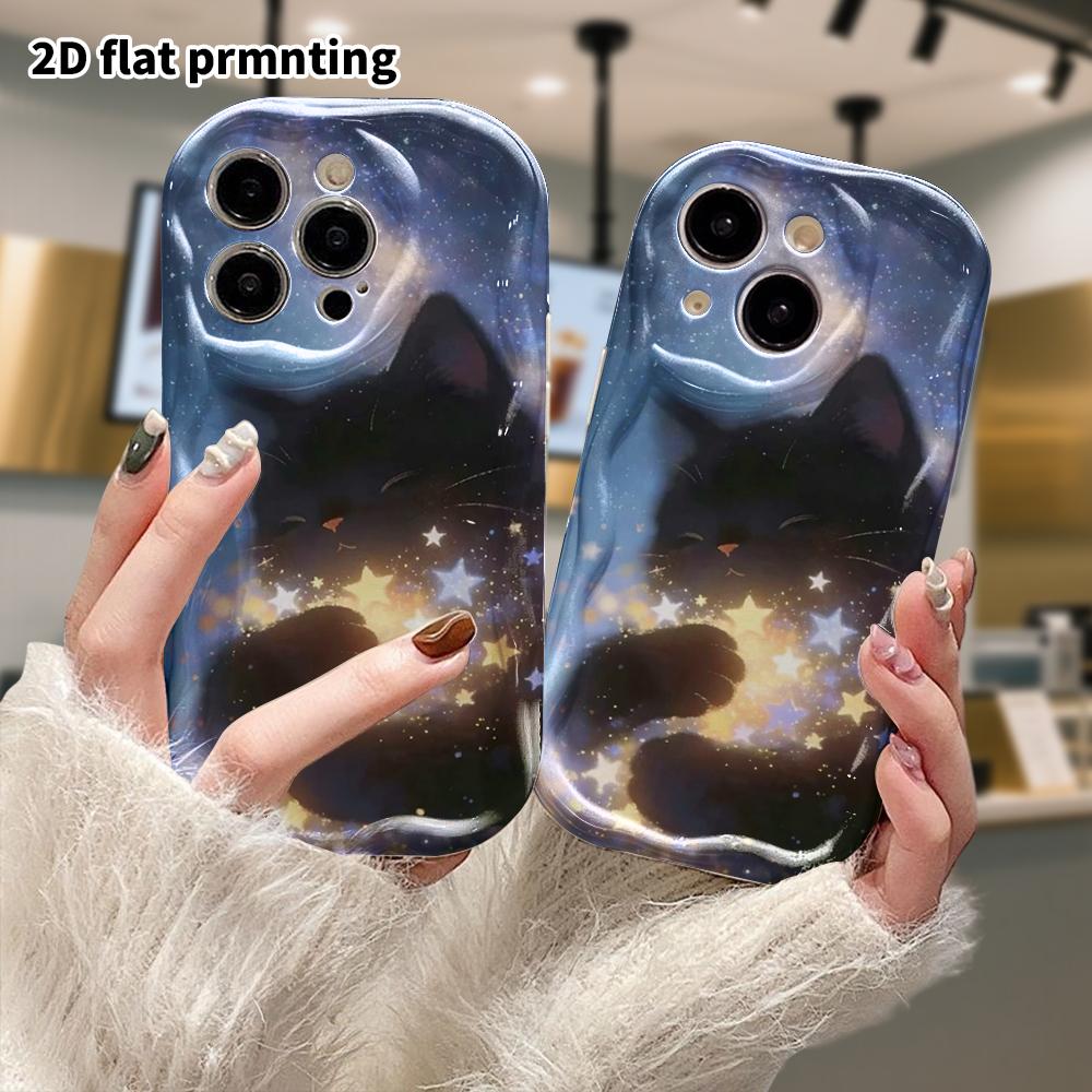 Phone Case: 2D Flat Design Suitable for iPhone 18 17 16 15 14 13 Pro Protective Case, Holding a Little Black Starry Cat, Perfect Christmas and Hallowe