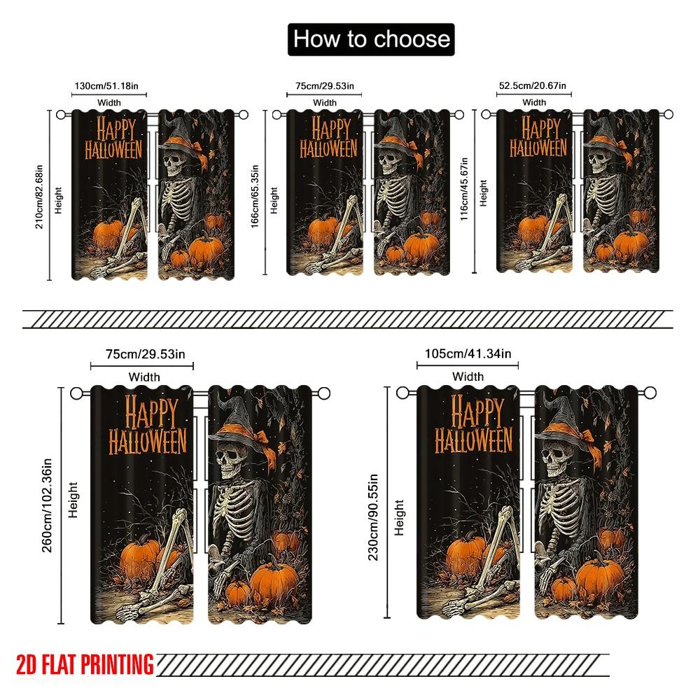 2pcs,2D Plane Printing Minimalist Curtains Spooky Skull & Pumpkin 100% Polyester (without Rod) Art Deco Festive Perfect for