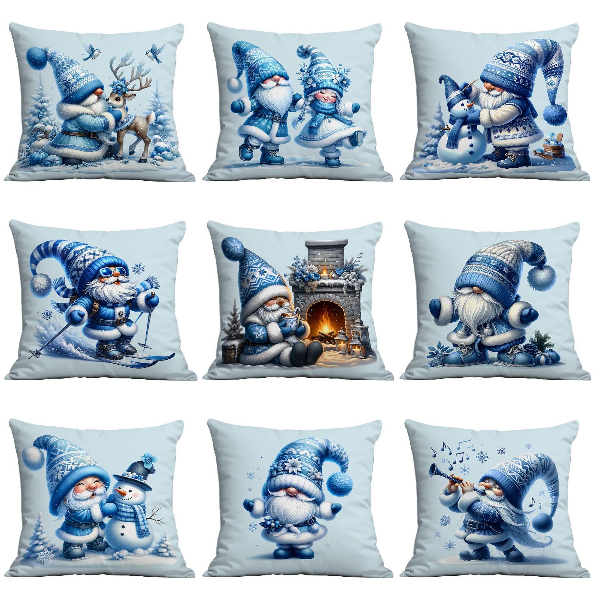 

New Christmas Pillowcase Winter Premium Blue Dwarf Santa Print Home Sofa Pillow 45 * 45Cm