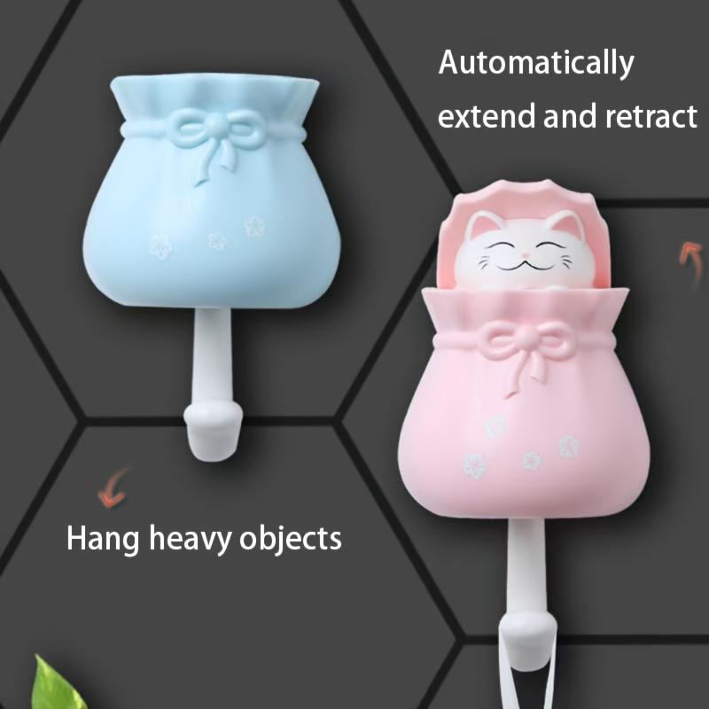4pcs Cute Cartoon Cat Retractable Hooks,No Drilling Required, Strong Adhesive Wall Hooks for Kitchen, Bathroom, Office,Durable Plastic with Keychain,