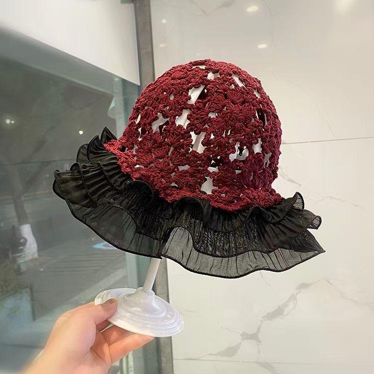 Vintage Hand-Crocheted Thin Cap for Women, Summer Lace Hollow Out Fisherman Hat, Cotton Yarn Ruffled Brim Bucket Hat