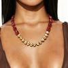 Women Choker Gold Tone Marbled Resin Stone Beads Necklace Accessories