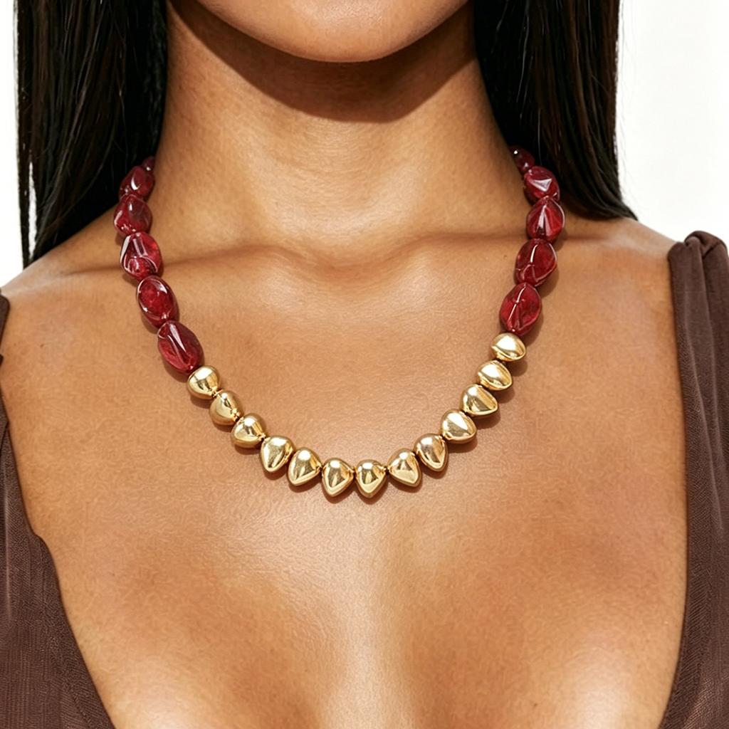 Women Choker Gold Tone Marbled Resin Stone Beads Necklace Accessories