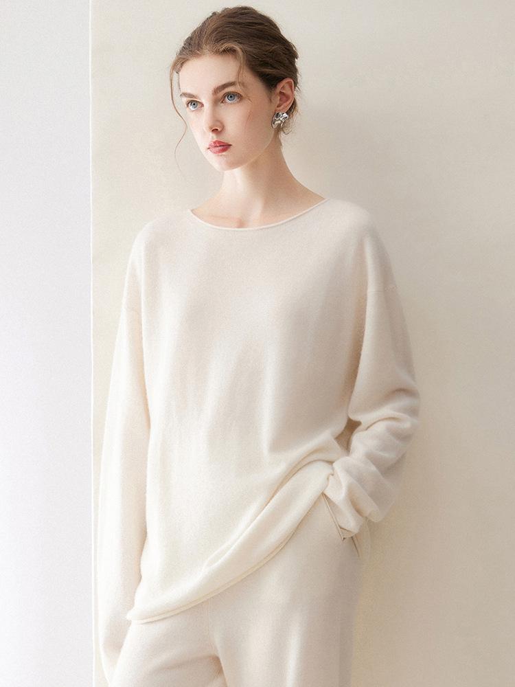 Women's Off-Shoulder Cashmere Pullover – 2026 Winter Loose Fit with Rolled Hem