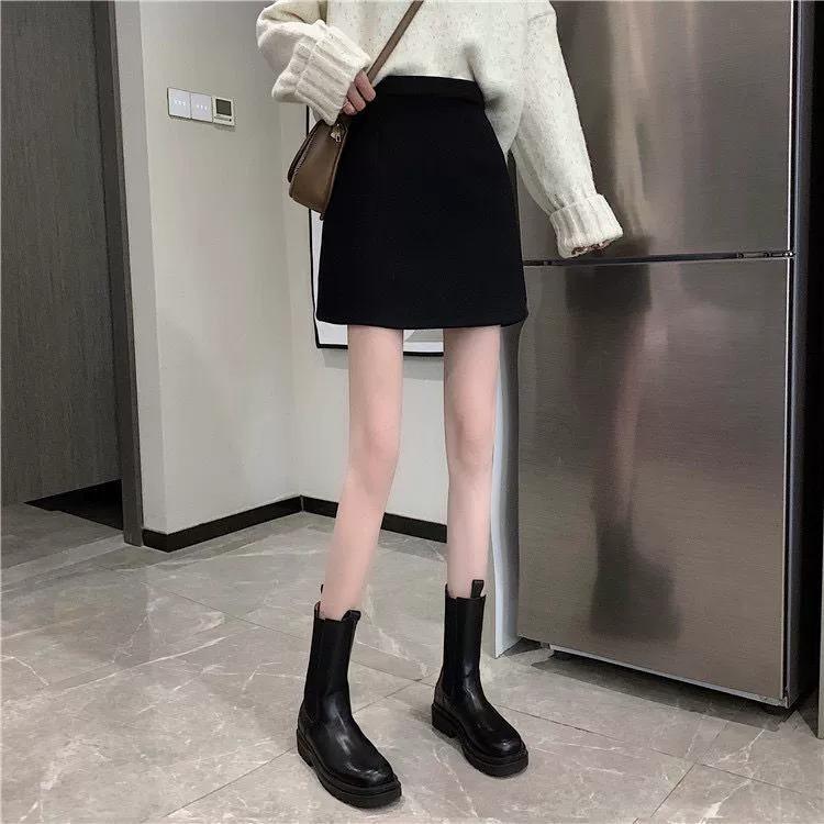 Women's Black Wool Blend High Waist A-line Short Skirt - Autumn/Winter 2026 Collection, Plus Size, Petite, Slimming Fit
