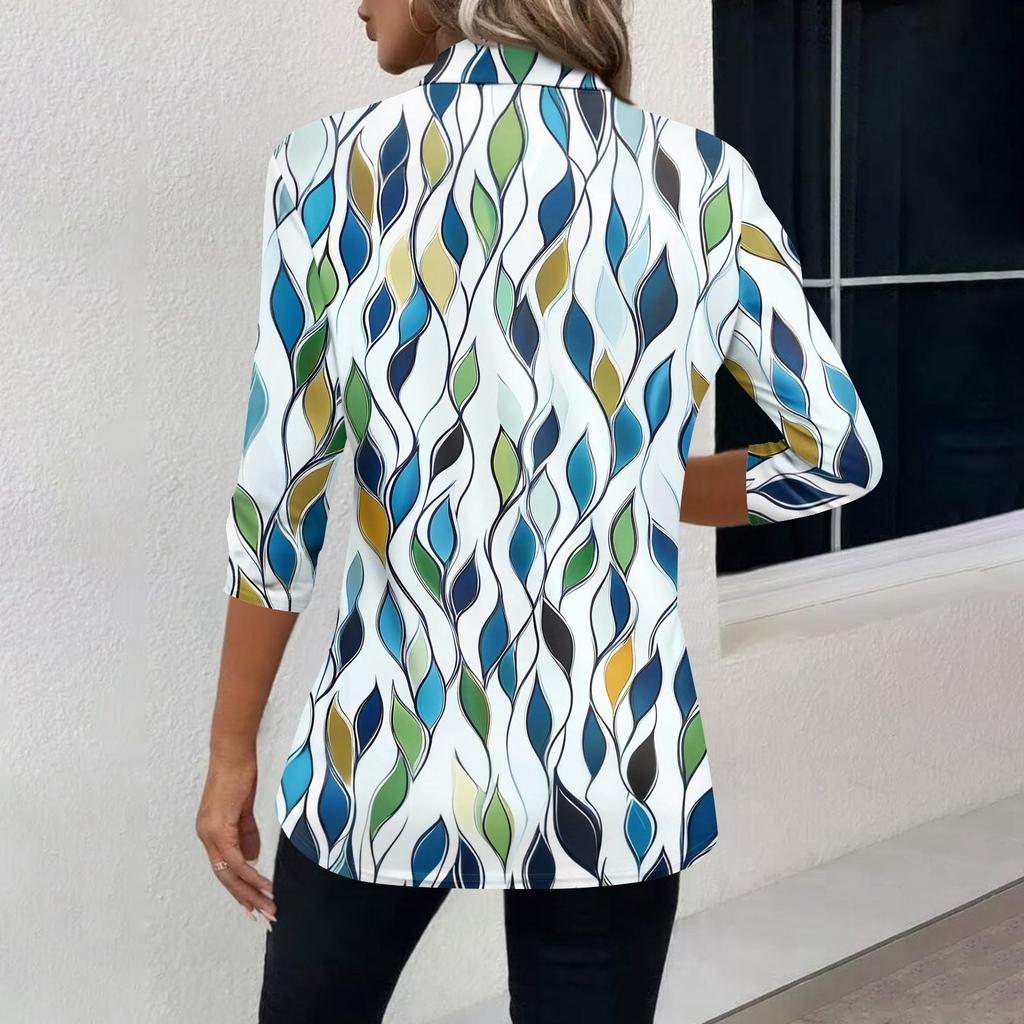 Women's Fashion Casual Lapel Short 3/4 Sleeve Print Shirt Women's V-Neck Button Tops