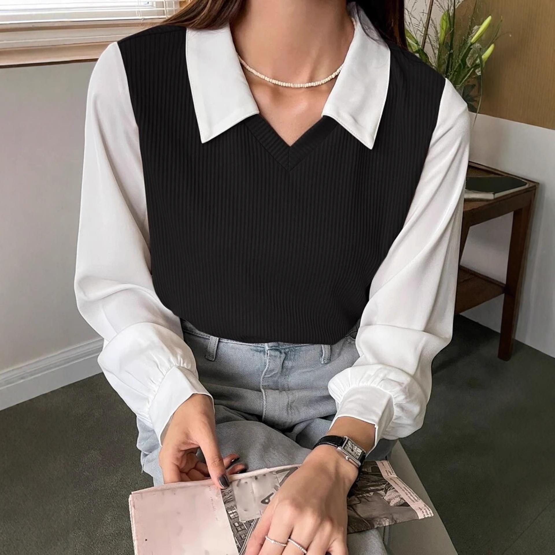 

Две фейковые футболки для женщин, толстовка с длинными рукавами и воротником поло, с торчащими нитками, универсальная верхняя рубашка XL чёрный