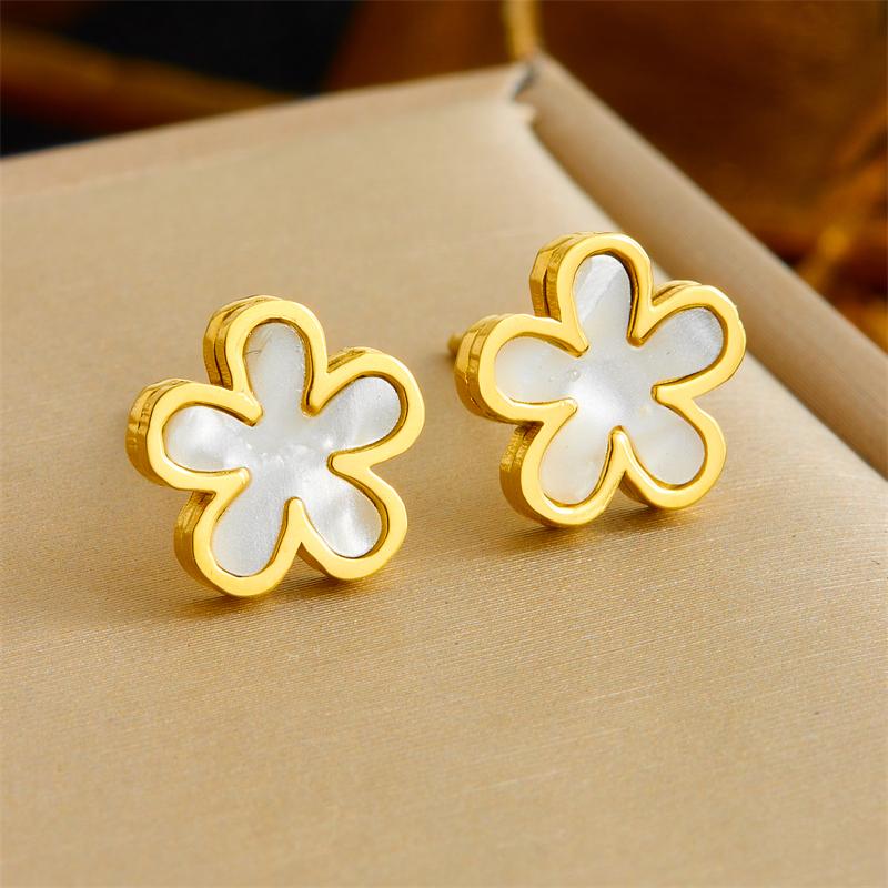DIEYURO 316L Stainless Steel Simple Elegant White Shell Five Leaf Flowers Necklace Bracelet Set Women New Trend Jewelry Gift