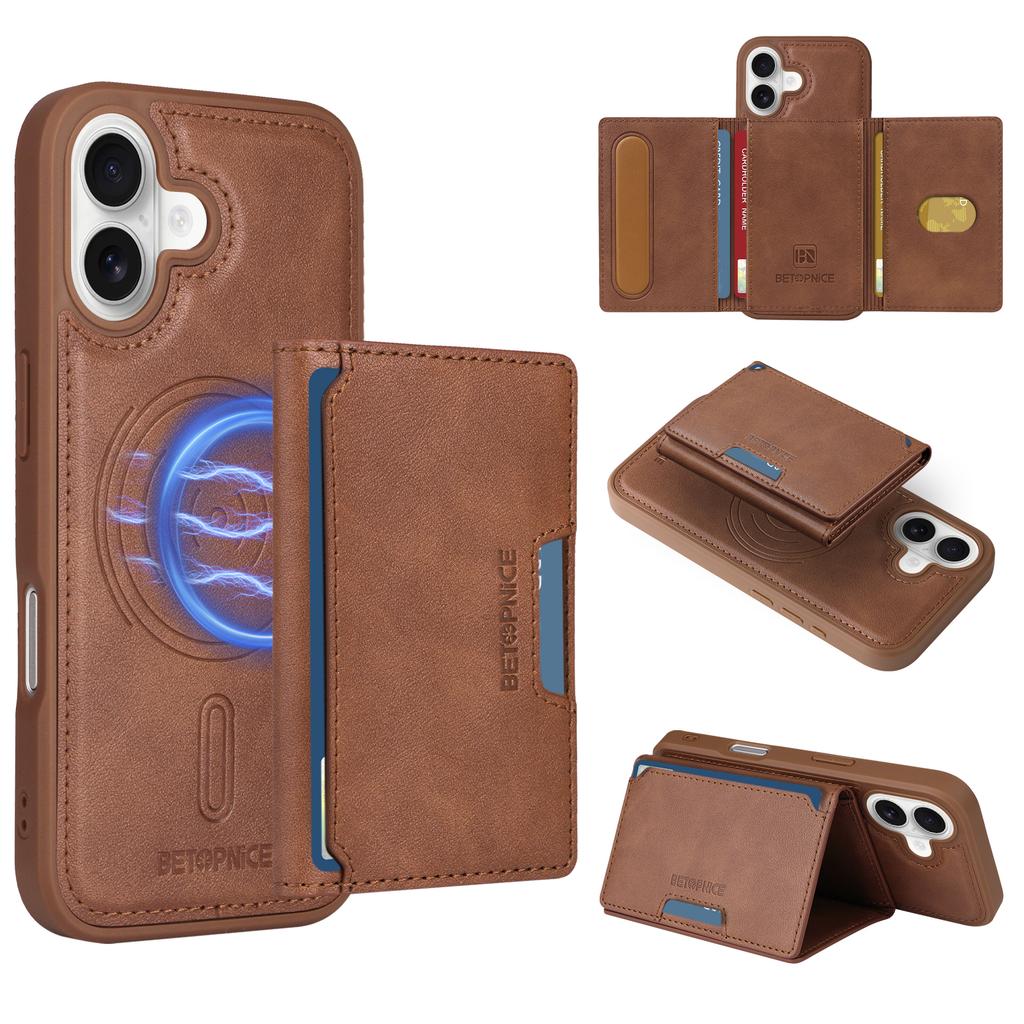For iPhone 16 Magnetic Case BETOPNICE Leather Phone Cover Kickstand with Detachable Card Bag