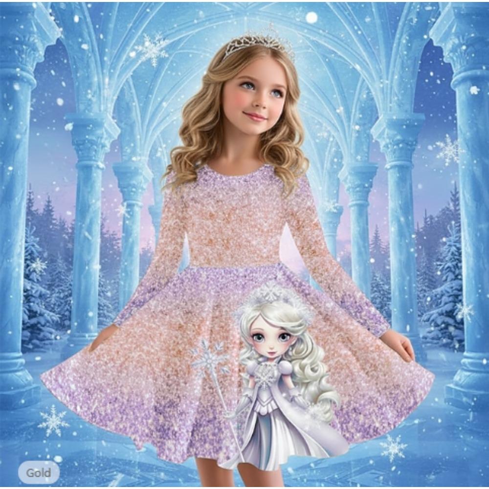 Girl Casual 3D Snow Princess Print Round Neck Long Sleeve Dress Kid Princess Dress