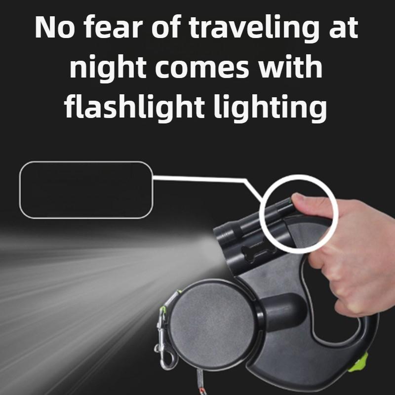 2 In 1 Multi-functional Dog Leash Double-ended Automatic Retractable Dog Leash 360° Swivel No Tangle Walking Leash with Lights Walking Dog with Leash