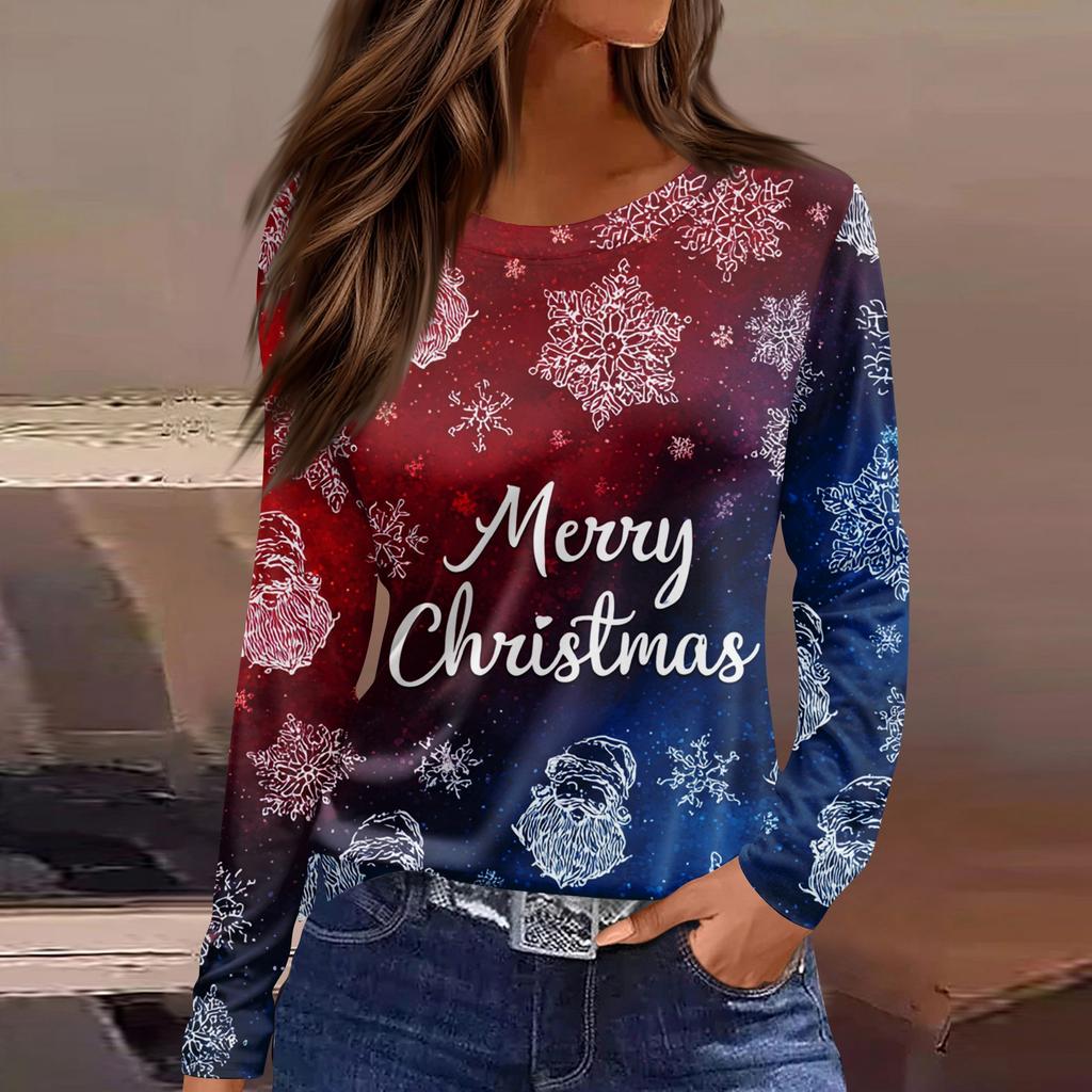 Women's Fashion Casual Slit Hem Round Neck Long Sleeve Loose Christmas Printed T-Shirt Ladies Top