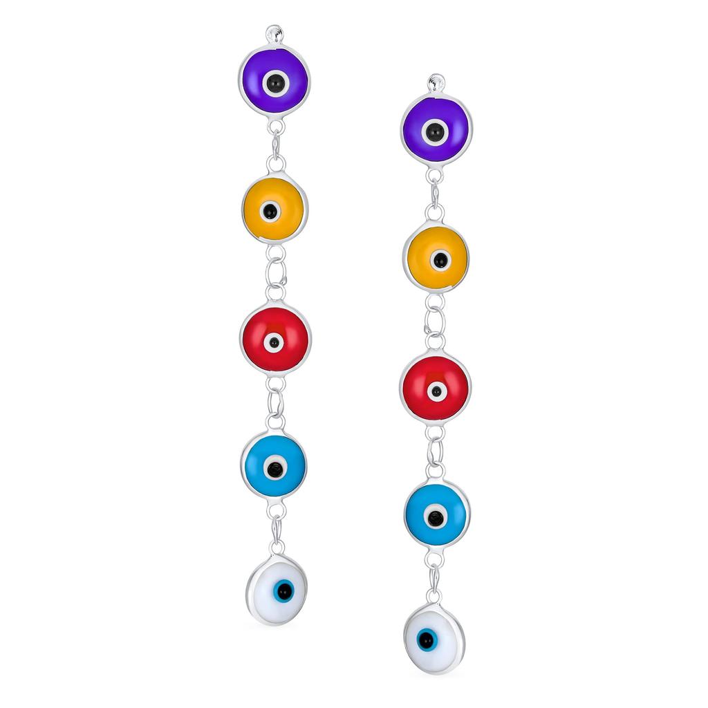 Protection Long Straight Evil Eye Dangle Drop Glass Sterling Silver Made in Turkey for Women and "Spiritual 2.5" Multi-Colored Earrings. .925 Teens."