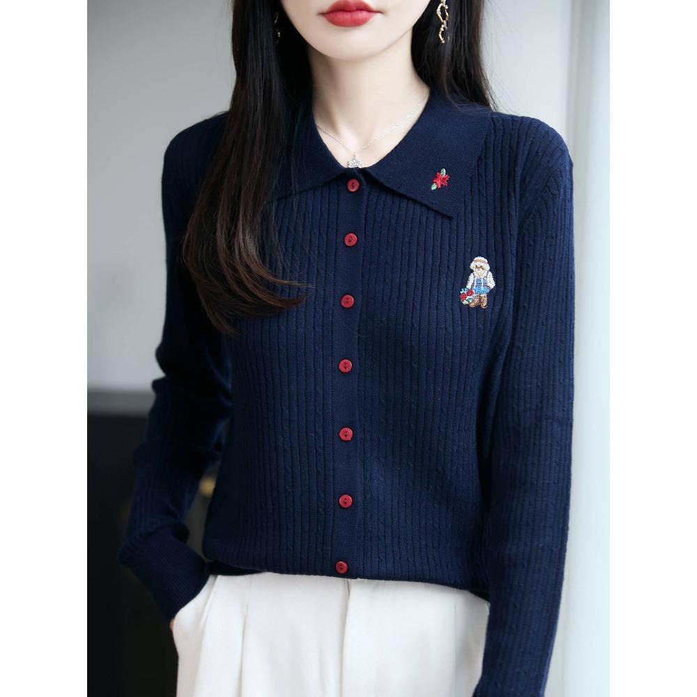 

Женская вязаная рубашка с переплетением в сочетании с мягким, эластичным и теплым вязаным топом, вязаный кардиган с вышивкой и воротником поло XL темно-синий