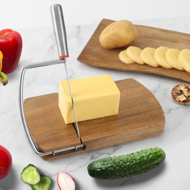 Wooden Cheese Cutter Board with Steel Blade Multipurpose Butter Bread Food Slicer for Culinary Enthusiasts and Chefs
