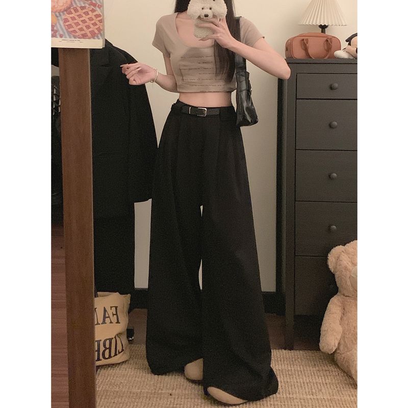 Kumikumi Solid High Waist Loose Casual Pants Wide Leg Pants Women Clothes Autumn Drape All-Match Straight Pants Mopping Pants